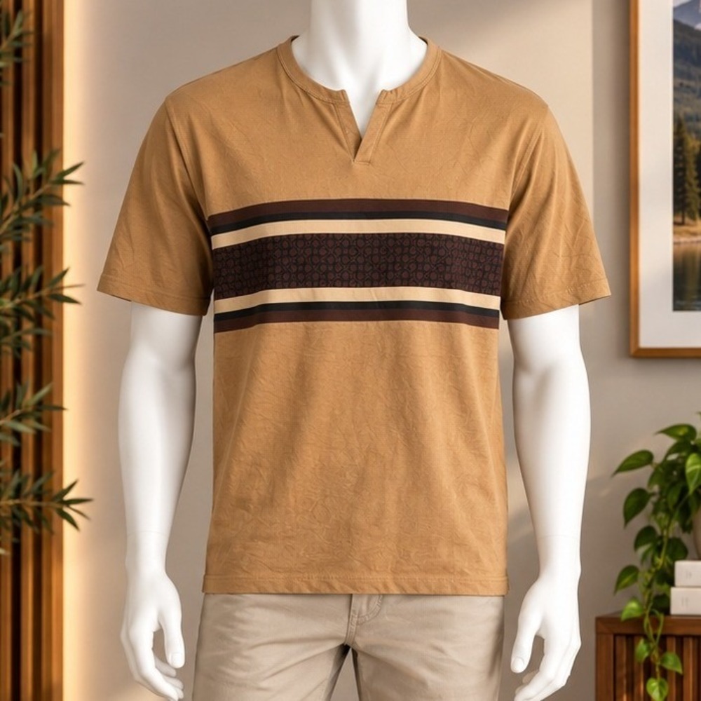 Guess Mens T-Shirt Split Neck Logo Chest Stripe Tan XL